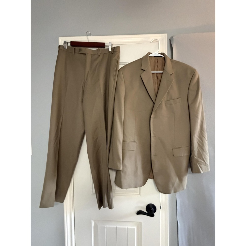 Calvin Klein Suit Mens 42 37x34 Beige 100% Wool 2 Piece Jacket Pants Formal